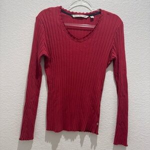 Tommy Hilfiger Red Ribbed Knit Long Sleeve V-Neck Top Size L